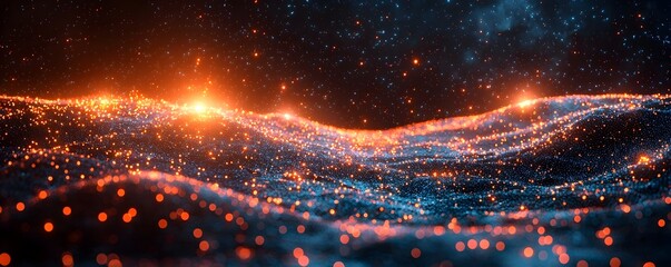 Wall Mural - An abstract digital landscape of glowing orange and blue particles forming wavy surfaces against a dark star filled cosmic background
