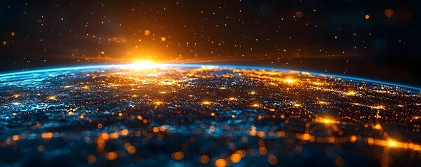 Wall Mural - illuminated earth from space at night with glowing city lights and cosmic particles creating a vibra