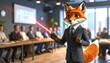 © Arcade - A cartoon fox in a business suit holding a laser pointer standing in front of a conference room with people seated around a table.