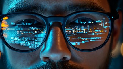 Close-up of man in glasses with code reflection, futuristic technology.