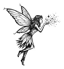 Wall Mural - white fairy blowing sparklings from hand detailed black and white outline line art drawing illustrat