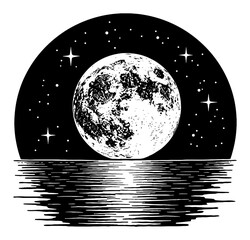 Wall Mural - big full moon above the sea with stars reflected on water surface black and white outline line art d