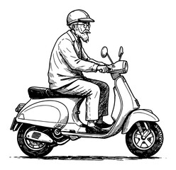 Wall Mural - grandpa riding classic vespa scooter black and white outline line art drawing side view illustration