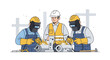 © Tomy - Two welders wearing protective gear work on metal pieces while a supervisor in a vest and hardhat oversees the construction project.