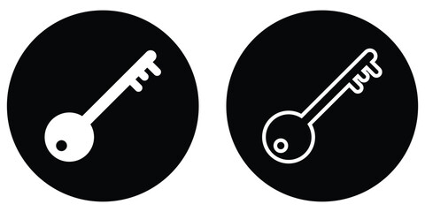 Silhouette key icon set on isolated white page. Black isolated vector key icon set on white background. Dark black circle key icon silhouette. Unlock keyword signs set on white page.  