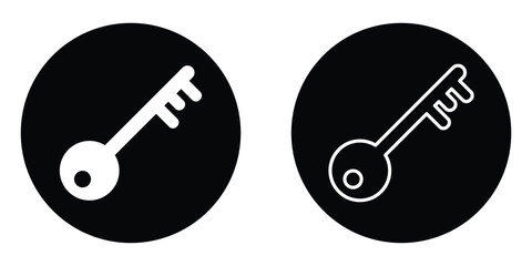 Unlock keyword signs set on white page. Silhouette key icon set on isolated white page. Black isolated vector key icon set on white background. Dark black circle key icon silhouette. 