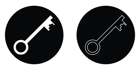 Unlock keyword signs set on white page. Silhouette key icon set on isolated white page. Black isolated vector key icon set on white background. Dark black circle key icon silhouette. 
