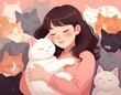 © Robert - A young woman is happily hugging a white cat, surrounded by many other cats. The image has a warm and loving tone.