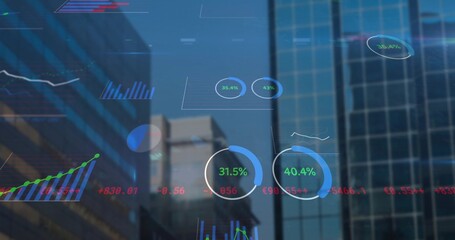 Wall Mural - Displaying data overlay hovering above city skyline with glass skyscrapers and progress charts