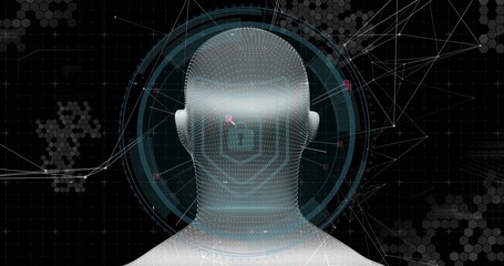 Wall Mural - 3D head silhouette rotating in virtual interface, with HUD rings, hexagon grid and network nodes