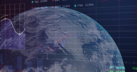 Wall Mural - Displaying Earth globe focusing on North America in virtual dashboard, with financial overlays
