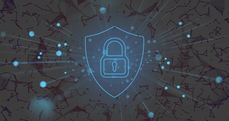 Wall Mural - displaying glowing padlock inside shield at center of network with blue dots rays lines and nodes