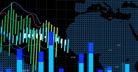 Wall Mural - Multicolor financial charts displaying on screen, with candlestick bars, bar columns, line graphs