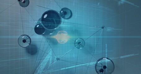 Wall Mural - Floating translucent nodes forming network web in virtual digital grid, streaming data code