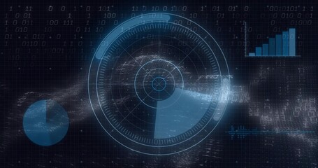Wall Mural - Displaying radar HUD interface on dark grid, streaming particles, binary code, pie chart, bar chart
