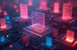 © Vadym - Abstract digital network with glowing red, blue info. Data streams between interconnected processing units on circuit board. Future tech concept for secure global data exchange, computation, AI. Fast