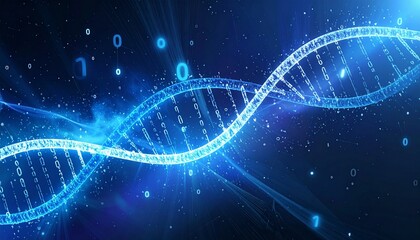 futuristic 3d illustration of dna strand visualized with binary code and light particles symbolizing bioinformatics and genetic data