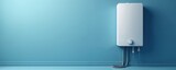 Compact white water heater mounted on light blue wall. Connected with pipes this appliance provides hot water for domestic use. Simple modern design for home.