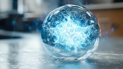 glowing blue energy sphere hovers above reflective surface, emitting mystical aura. intricate patter