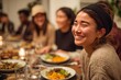 © GoshaMovies - Inclusive friends dinner: multi-cultural table, laughter, plant-forward dishes, cozy apartment lighting, candid warmth