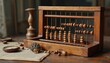 © Vadym - Old wooden abacus device sits on table with antique compass and small decorative item. Vintage calculating tool and old object collection displayed indoors.