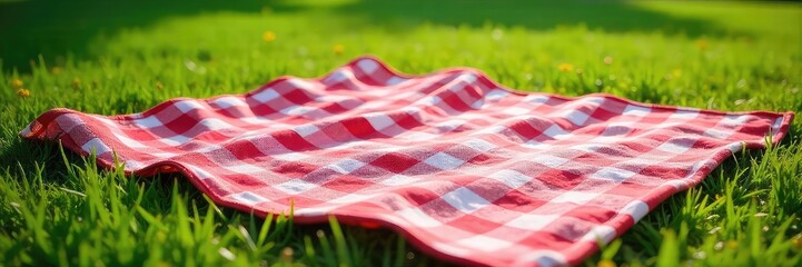 Wall Mural - A vibrant checkered picnic blanket laid out on lush green grass, ready for a delightful outdoor meal  Sunlight gently warms the fabric, casting soft shadows ,  nature,  checkered