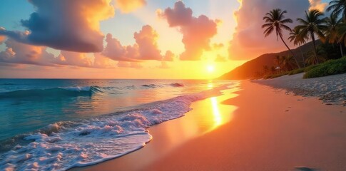 Wall Mural - Stunning high-resolution image of a tranquil beach scene at sunset, featuring golden sand, gentle waves, and a vibrant sky Perfect for travel, vacation, or summer themes , sky, evening