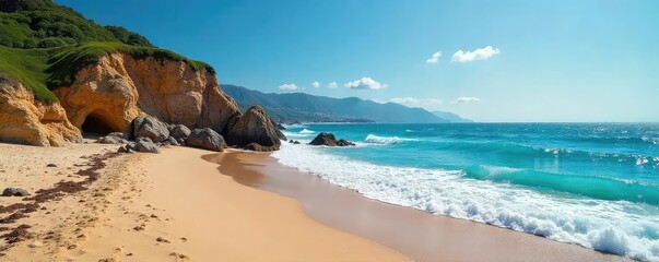 Wall Mural - Dramatic Coastal Panorama Pristine Sandy Beach Meets Rocky Cliffs, Waves Crashing