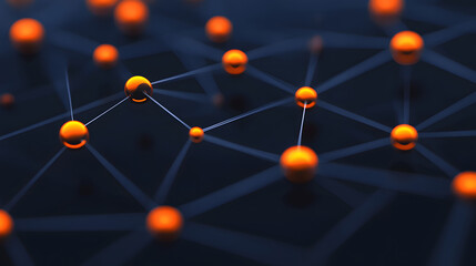 An abstract digital network structure featuring connected orange nodes representing a modern technology and data connection concept.