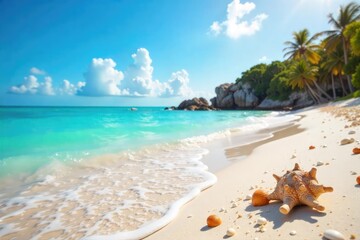 Wall Mural - Sun-drenched beach scene, calm turquoise water lapping gently on the shore, seashells scattered on the sand Perfect summer holiday backdrop , horizon, light, seascape