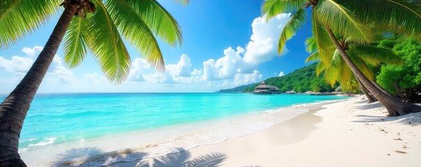 Wall Mural - Sun-drenched beach scene with vibrant turquoise water, soft white sand, and lush palm trees swaying gently in the breeze Perfect for summer holiday promotions , yellow, sky