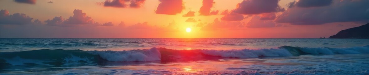 Wall Mural - Sun rising over a tranquil ocean, waves gently lapping the shore, peaceful dawn scene  The vibrant colors of the sunrise paint the sky and water ,  peaceful,  dawn,  awakening