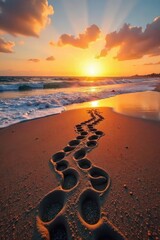 Wall Mural - Tire tracks leading to the ocean on a sandy beach at sunset, leaving imprints in the wet sand The sun casts a warm golden glow over the scene , car tracks, daytime, tire tracks