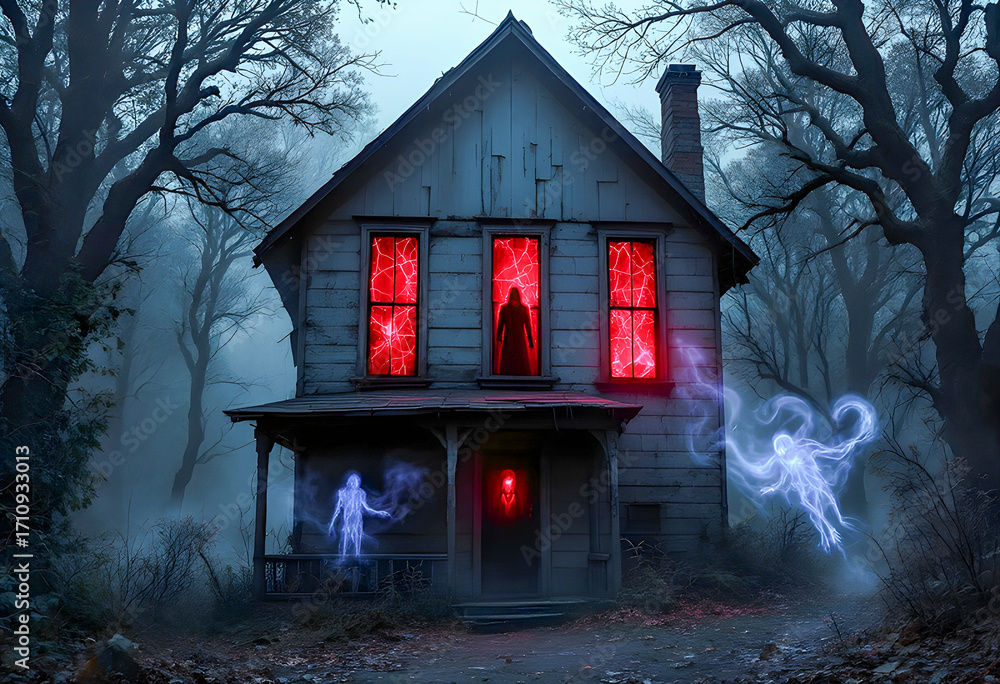 abandoned halloween house looms under dark sky windows glowing red ...