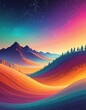 © jakiyo - A vibrant landscape painting of rolling hills, mountains, and a colorful sky filled with stars.