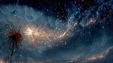 Wall Mural - A large dandelion bursting into bloom, its seeds drifting into starlit space