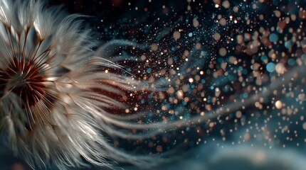 Wall Mural - A large dandelion bursting into bloom, its seeds drifting into starlit space