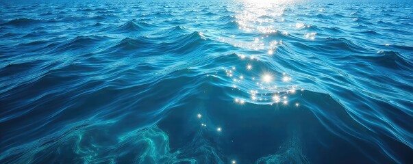 Wall Mural - Vast expanse of deep blue ocean water, sunlight reflecting on the surface, creating a mesmerizing texture  Perfect for travel, nature, or environmental themes ,  beautiful,  seascape,  blue