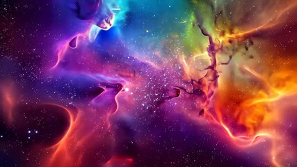 Wall Mural - The video showcases a vibrant space filled with an array of stars and clouds, Nebula enveloped in the colors of a rainbow, AI Generated