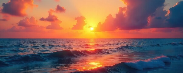 Wall Mural - Vibrant sunset over a tranquil ocean, perfect for travel, nature, or calming themed projects Ideal for website backgrounds, presentations, and more , twilight, texture