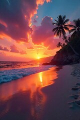 Wall Mural - Vibrant sunset paints the sky with fiery oranges and reds, casting a warm glow on the tranquil beach Perfect for travel, vacation, or nature themes , sky, beauty, ocean