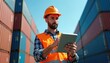 © Vadym - Man in hard hat, safety vest holds tablet near stacked shipping containers. Logistics worker checks cargo on digital device at port. Supply chain manager inspects freight on terminal. Port operations