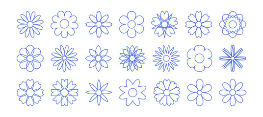 Wall Mural - set of black line daisies from geometric figures, collection of abstract silhouettes of flowers flow
