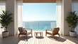 © Vadym - Interior design with ocean view. Modern space with wooden furniture chairs plants. Balcony with glass railing at seaside. Clear blue sky and sea outside.