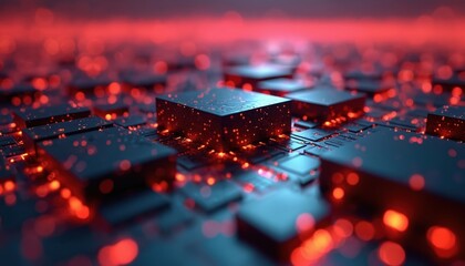 Close-up view of futuristic microchip circuit board. Glowing red lights illuminate intricate pathways. Digital technology abstract background with bokeh effect.
