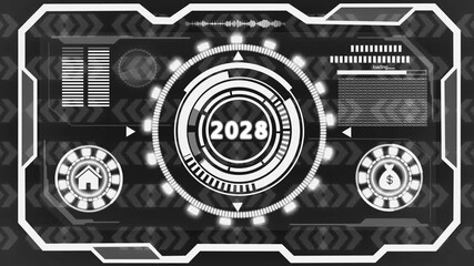 2028 text with screen effects of technological failures. Concept of counting years. Past year technology concept on black background. 4k video animation