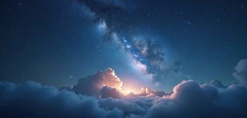Wall Mural - Dreamy sky view with milky way galaxy stars above soft clouds. Sunrise or sunset light glows through cloudy sky, creating peaceful atmosphere. Cosmic background.