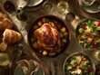 © Sebastian Visuals - Overhead view of festive dining table with assorted roasted meats salads breads and drinks beautifully arranged for family gathering celebration lifestyle tradition and gourmet culinary culture