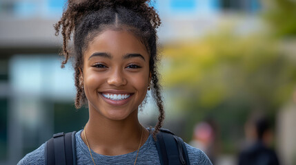 Portrait of vibrant and joyful young female student with curly hair and wide smile, wearing backpack against blurred campus background, embodying optimism and readiness for education.