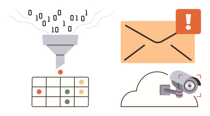 Wall Mural - Funnel filtering binary data, alert notification on envelope, security camera on cloud storage, simple grid chart. Ideal for digital protection, cybersecurity, data management, cloud security, AI